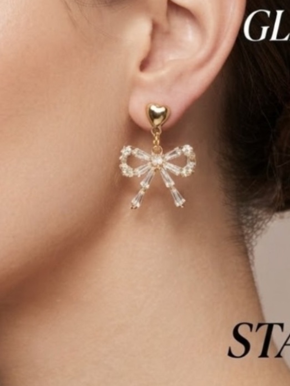 “NWT Betsey Johnson Gold Crystal Baguette Bow Heart Drop Earrings NIB